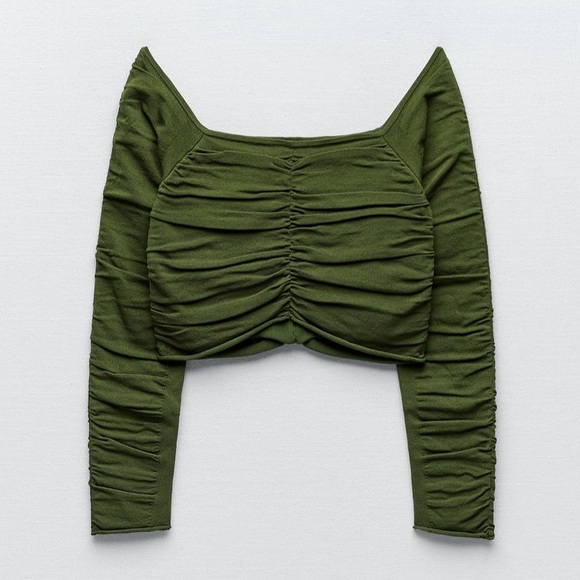 Zara NWOT Olive Green Ruched Long Sleeve Top - Picture 2 of 9